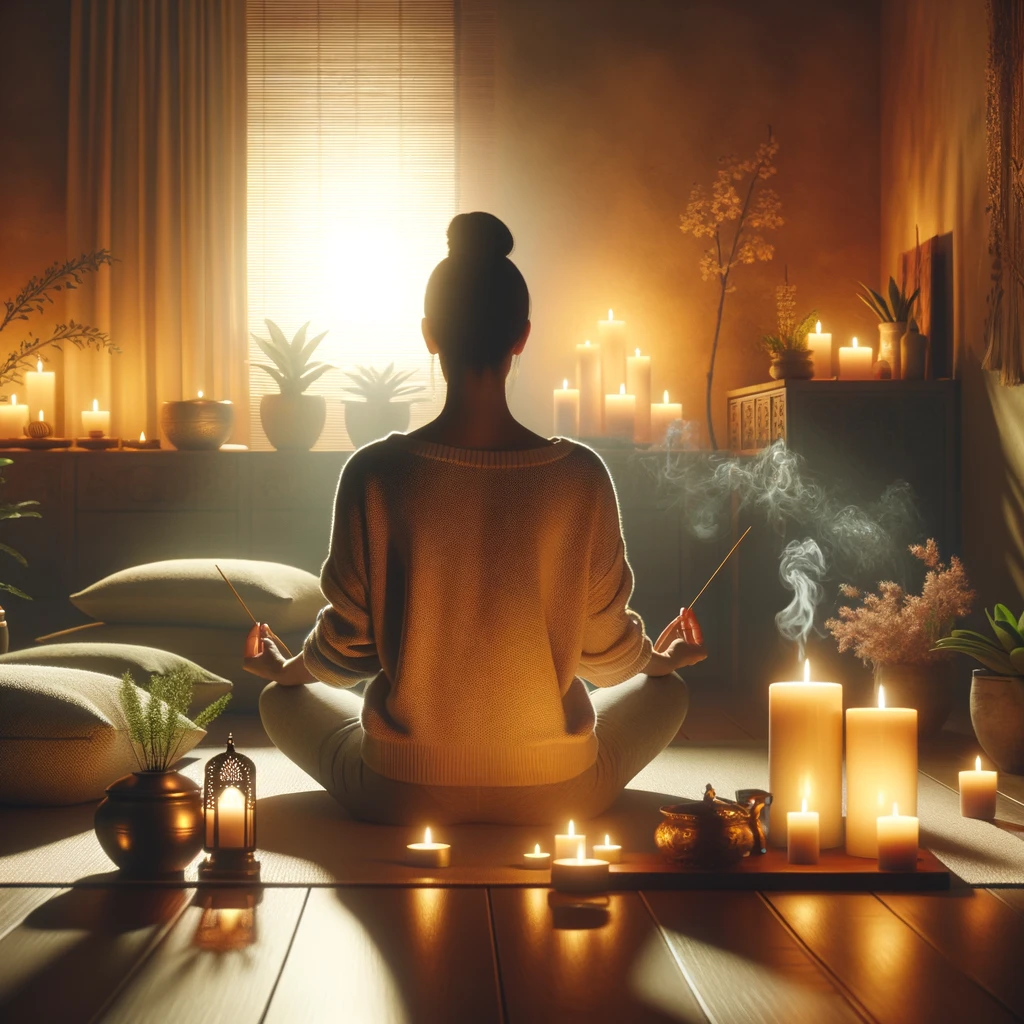 A peaceful and meditative environment showing a person sitting in a lotus position meditating surrounded by candles and incense. The setting is seren Exploring the Different Techniques of Chinese Massage and Their Health Benefits