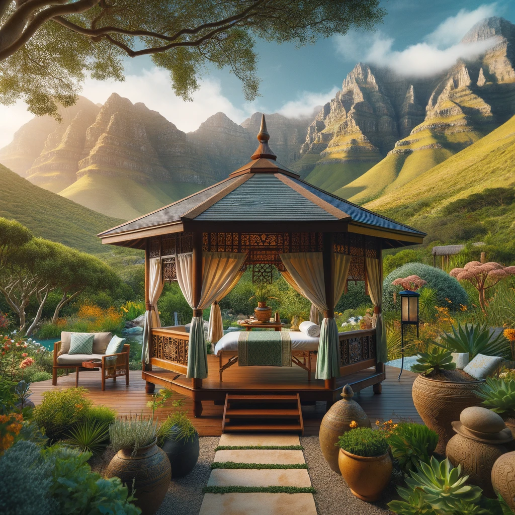 A peaceful outdoor setting in South Africa featuring a Thai massage pavilion. The pavilion is nestled among lush gardens with a backdrop of stunning Experience the Authentic Thai Massage in South Africa: A Journey to Wellness