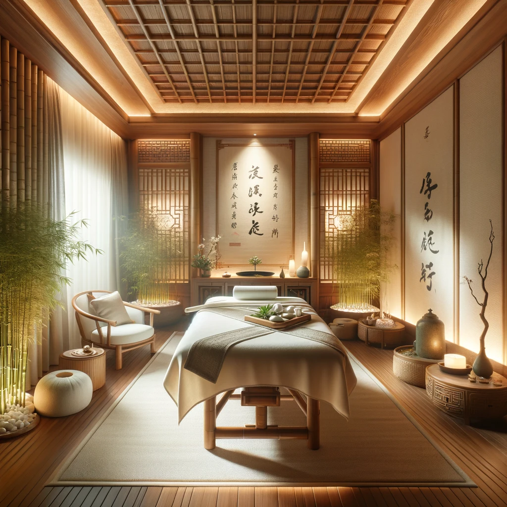 A serene and inviting traditional Chinese massage room featuring bamboo accents soft ambient lighting and an elegantly draped massage table. The ro The Top Chinese Massage Spas Near You: A Comprehensive Review