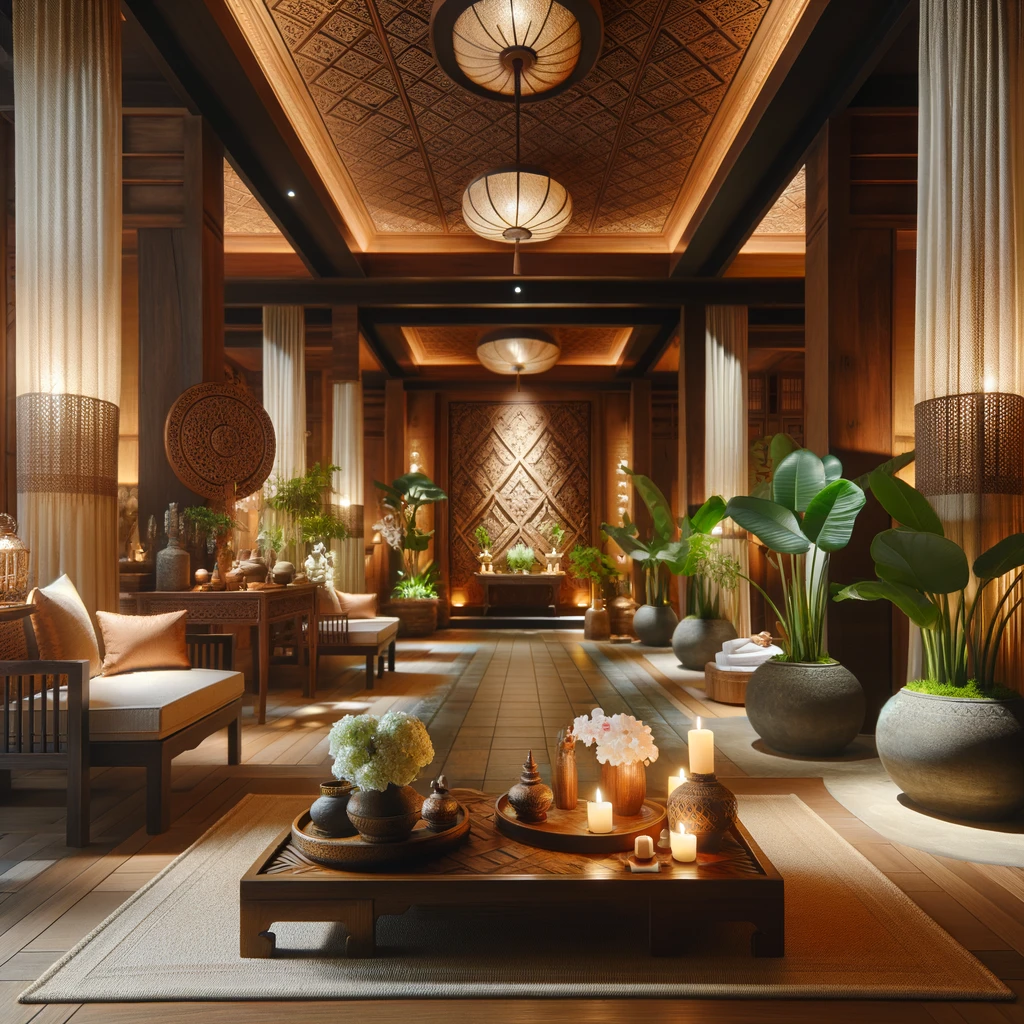 An elegant and serene interior of a Thai spa showcasing traditional Thai design elements like wooden decor soft lighting and lush green plants cre Yim Siam Thai Spa: A Hidden Gem for Massage Lovers