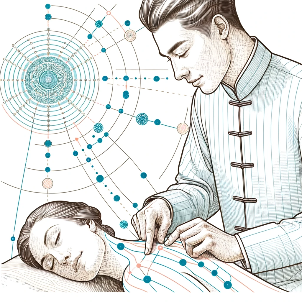 An illustration showcasing the technique of acupressure depicting a practitioner applying pressure with their thumbs on specific points along a patie Why Chinese Massage Therapy Is Your Secret Weapon for Stress Relief