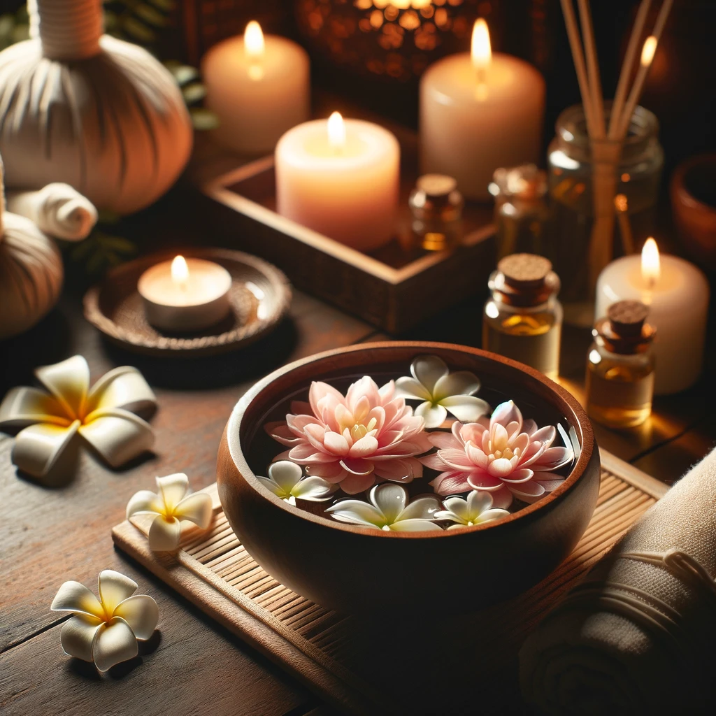 Close up of a tranquil spa setting featuring a bowl of water with floating flowers candles and essential oils symbolizing relaxation and the sensor Yim Siam Thai Spa: A Hidden Gem for Massage Lovers